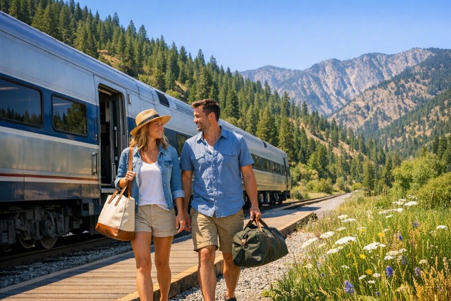 arrive by train in leavenworth wa - couple leaving train