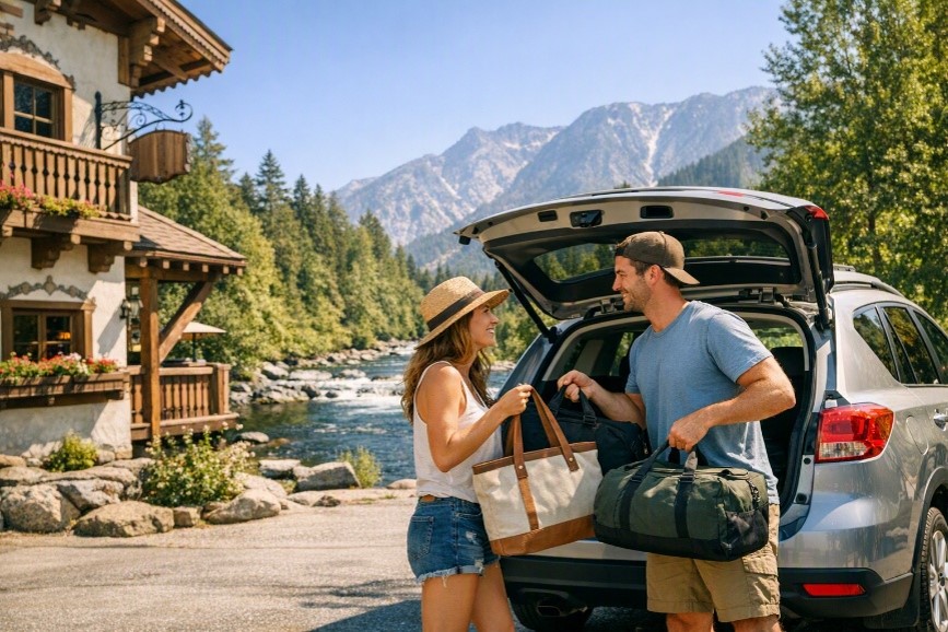 couple on vacation tetting luggage our of car in leavenworth wa